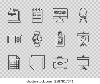 Set line File document, Chalkboard with diagram, Monitor text work, Post note stickers, Table lamp, Wrist watch, Briefcase and  icon. Vector