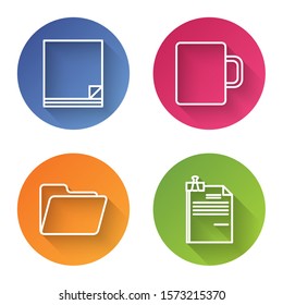 Set line File document, Coffee cup, Document folder and File document and binder clip. Color circle button. Vector