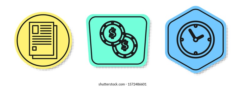 Set line File document, Coin money with dollar symbol and Clock. Colored shapes. Vector