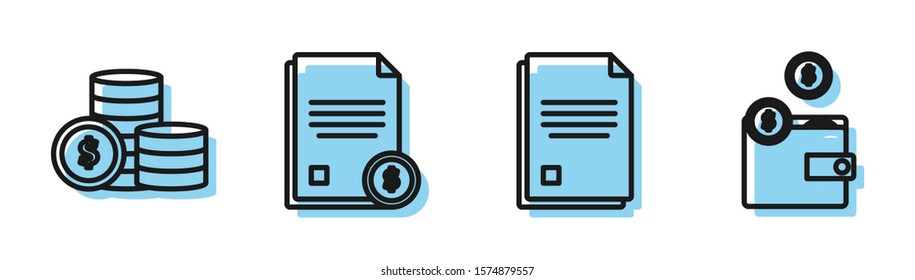 Set line File document, Coin money with dollar symbol, Finance document and Wallet with coins icon. Vector
