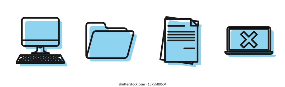 Set line File document, Computer monitor with keyboard, Document folder and Laptop and cross mark on screen icon. Vector
