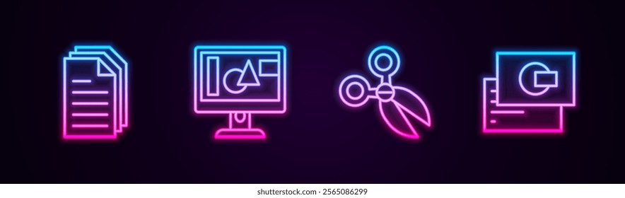 Set line File document, Computer monitor screen, Scissors and Business card. Glowing neon icon. Vector