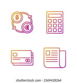 Set line File document, Credit card, Money exchange and Calculator. Gradient color icons. Vector