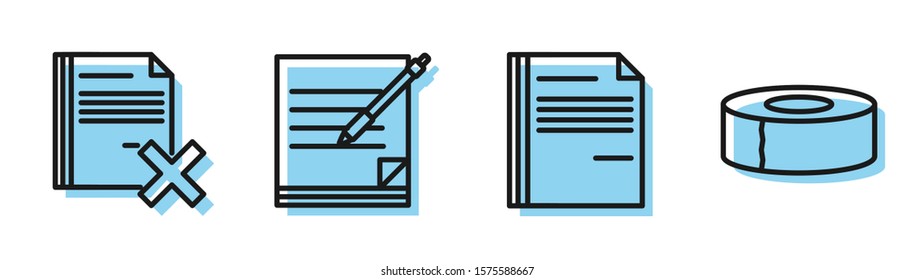 Set line File document, Delete file document, Blank notebook and pen and Scotch icon. Vector