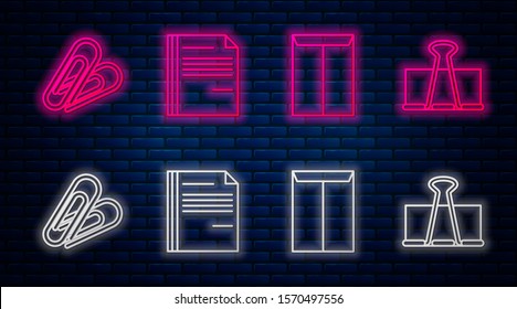 Set line File document, Envelope, Paper clip and Binder clip. Glowing neon icon on brick wall. Vector