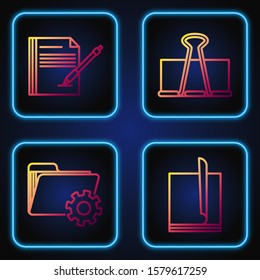 Set line File document, Folder settings with gears, Blank notebook and pen and Binder clip. Gradient color icons. Vector