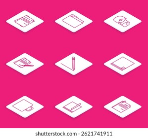 Set line File document, Document folder, Scotch, Blank notebook and pencil with eraser, Pencil line, Coffee cup and  icon. Vector