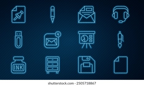 Set line File document, Fountain pen nib, Mail and e-mail, Envelope, USB flash drive, Note paper with push button, Board graph and Pencil icon. Vector