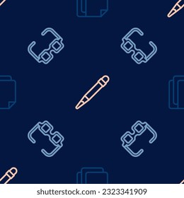 Set line File document, Glasses and Pencil with eraser on seamless pattern. Vector