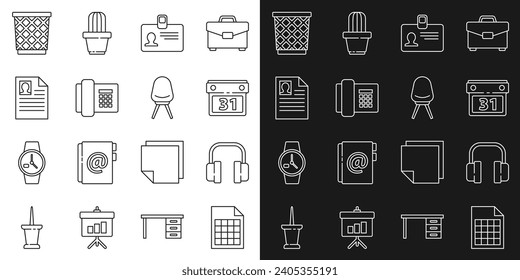 Set line File document, Headphones, Calendar, Identification badge, Telephone, Resume, Trash can and Office chair icon. Vector