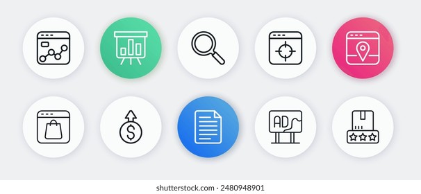 Set line File document, Infographic of city map, Online shopping on screen, Advertising, Target financial goal, Magnifying glass, Consumer product rating and Financial growth dollar icon. Vector