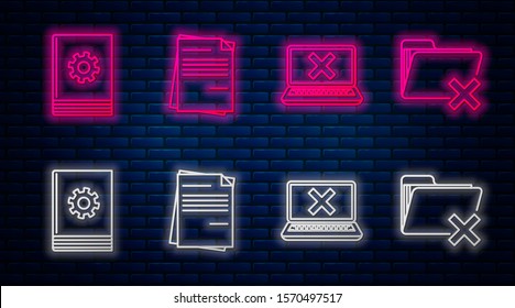 Set line File document, Laptop and cross mark on screen, User manual and Delete folder. Glowing neon icon on brick wall. Vector