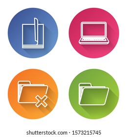 Set line File document, Laptop, Delete folder and Document folder. Color circle button. Vector