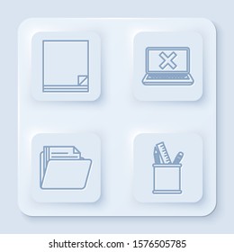 Set line File document, Laptop and cross mark on screen, Document folder and Pencil case stationery. White square button. Vector