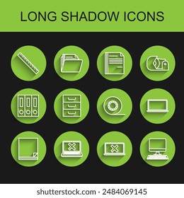 Set line File document, Laptop and cross mark on screen, Ruler, Computer monitor with keyboard, Drawer documents,  and Scotch icon. Vector