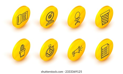 Set line File document, Megaphone, Briefcase, Cactus and succulent in pot, Trash can, Office chair, Web camera and Telephone icon. Vector