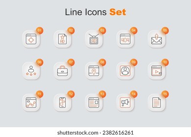 Set line File document, Megaphone, Advertising, Mobile 24 hours support, Market analysis, Video advertising, Create account screen and Infographic of city map icon. Vector