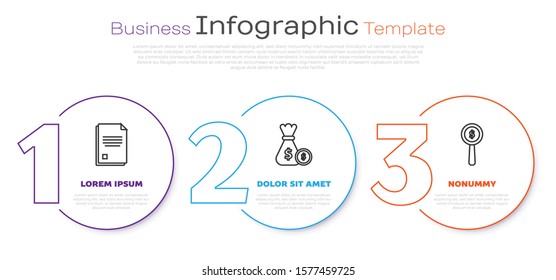 Set line File document, Money bag and coin and Magnifying glass and dollar symbol. Business infographic template. Vector