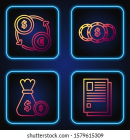 Set line File document, Money bag and coin, Money exchange and Coin money with dollar symbol. Gradient color icons. Vector
