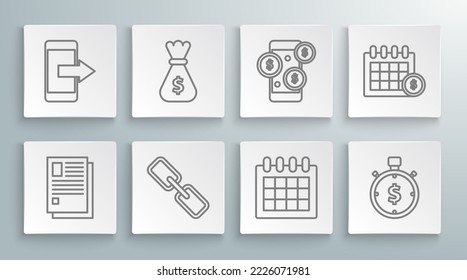 Set line File document, Money bag, Chain link, Calendar, Time is money, Smartphone with dollar symbol, Financial calendar and Smartphone, mobile icon. Vector