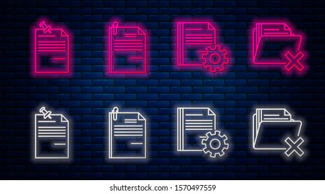 Set line File document and paper clip, Document settings with gears, Note paper with pinned pushbutton and Delete folder. Glowing neon icon on brick wall. Vector
