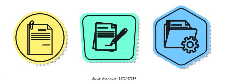 Set line File document and paper clip, Blank notebook and pencil with eraser and Folder settings with gears. Colored shapes. Vector