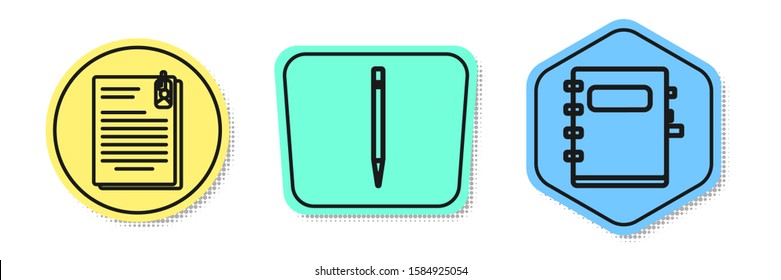 Set line File document and paper clip, Pencil with eraser and Notebook. Colored shapes. Vector