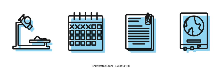 Set line File document and paper clip, Microscope, Calendar and World map on a school blackboard icon. Vector