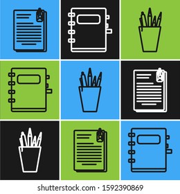 Set line File document and paper clip, Pencil case stationery and Notebook icon. Vector