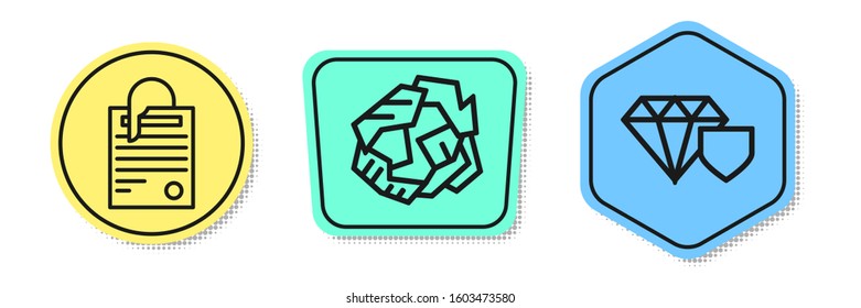 Set line File document and paper clip, Crumpled paper ball and Diamond with shield. Colored shapes. Vector