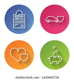 Set line File document and paper clip, Car with shield, Heart with shield and Piggy bank with coin. Color circle button. Vector