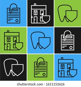 Set line File document and paper clip, Tooth with shield and House with shield icon. Vector