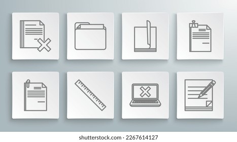 Fijar línea Archivo documento y clip de papel, carpeta Documento, Regla, Marca transversal de portátil en pantalla, Lápiz de bloc de notas en blanco con borrador, enlazador e icono Borrar archivo. Vector