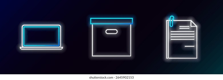 Set line File document and paper clip, Laptop and Carton cardboard box icon. Glowing neon. Vector