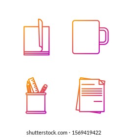 Set line File document, Pencil case stationery, File document and Coffee cup. Gradient color icons. Vector