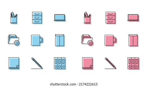 Set line File document, Pencil with eraser and line, case stationery, Office folders papers documents, Coffee cup, Envelope, Folder settings gears and Drawer icon. Vector