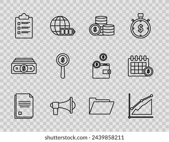 Set line File document, Pie chart infographic, Coin money with dollar symbol, Megaphone, Clipboard checklist, Magnifying glass and, Document folder and Financial calendar icon. Vector