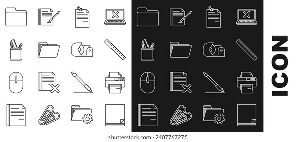 Set line File document, Printer, Ruler, Note paper with pinned pushbutton, Document folder, Pencil case stationery,  and Scotch icon. Vector