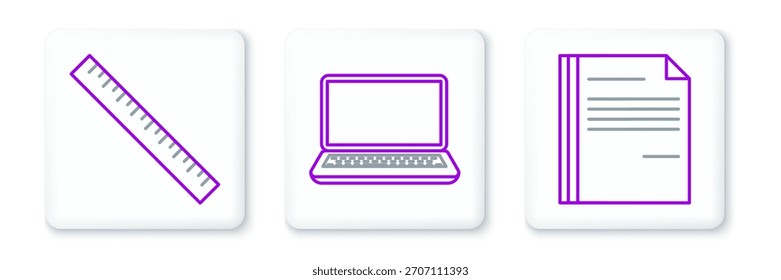 Establecer línea Documento de archivo, Regla e icono de portátil. Vector