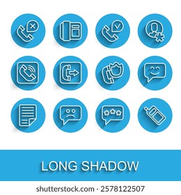 Set line File document, Sad smile, Declined or missed phone call, Speech bubble chat, Mobile, Outgoing, Smile face and Telephone handset with shield icon. Vector
