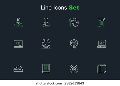 Set line File document, Scissors, Book with mathematics, Protractor grid, Laptop, Medal star, Alarm clock and Chalkboard icon. Vector