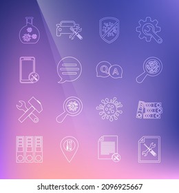 Set line File document service, Office folders, Microorganisms under magnifier, Stop virus, bacteria, Speech bubble chat, Mobile, Test tube with and Question and Answer icon. Vector