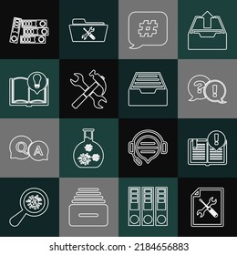 Set line File document service, Interesting facts, Question and Exclamation, Hashtag speech bubble, Crossed hammer wrench, Office folders and Drawer with documents icon. Vector