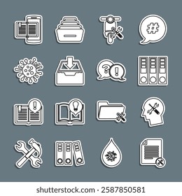 Set line File document service, Human head, Office folders, Scooter, Download inbox, Bacteria, Smartphone and book and Question Exclamation icon. Vector