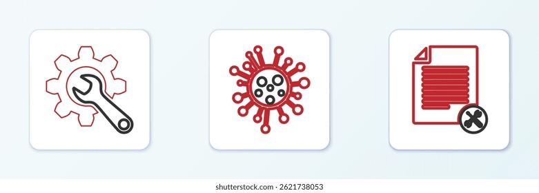 Set line File document service, Wrench and gear and Bacteria icon. Vector