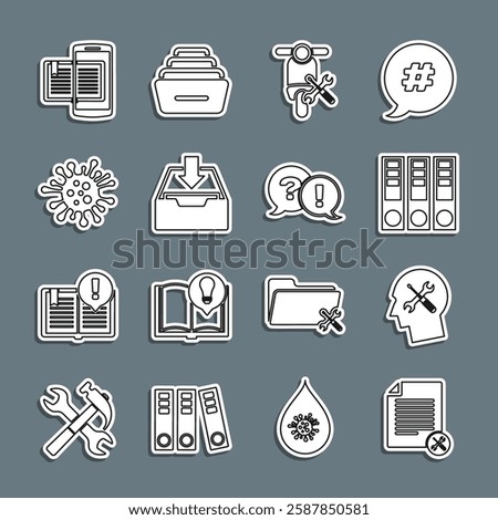 Set line File document service, Human head, Office folders, Scooter, Download inbox, Bacteria, Smartphone and book and Question Exclamation icon. Vector