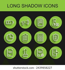 Set line File document, Stamp, Battery charge level indicator, Finance, Smartphone, mobile phone, Clipboard with checklist, Shield dollar symbol and Calculator icon. Vector