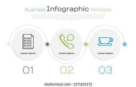 Set line File document, Telephone handset and speech bubble chat and Coffee cup flat. Business infographic template. Vector