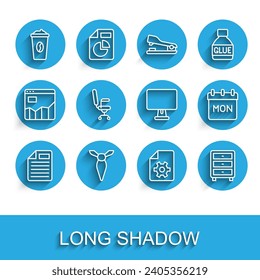 Set line File document, Tie, Coffee cup to go, Document settings, Archive papers drawer, Office chair, Calendar and Computer monitor icon. Vector