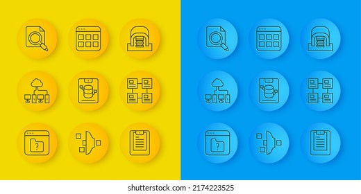 Set line File missing, Computer network, Server, Data, Web Hosting, report, Hierarchy organogram chart, Search concept with folder, Hangar servers and Browser files icon. Vector